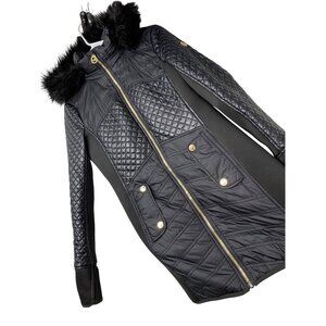 Michael Kors Quilted Knit Panel Puffer Faux Fur Hood Coat S Black RF10476 EUC